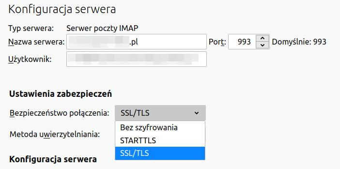 Wybór metody połączenia w programie Mozilla Thunderbird (bez szyfrowania, STARTTLS, SSL/TLS)