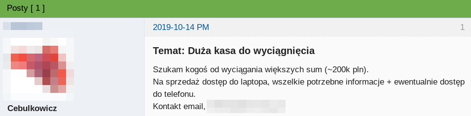 Ogłoszenie z ofertą sprzedaży dostępu do laptopa osoby posiadającej około 200 tys. zł.