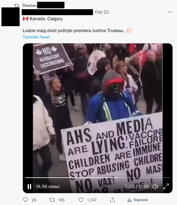 Twit dotyczący protestów antyszczepionkowych w Kanadzie