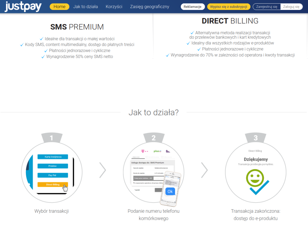 serwis justpay.pl - pośrednik w płatnościach mobilnych oraz SMS premium.
